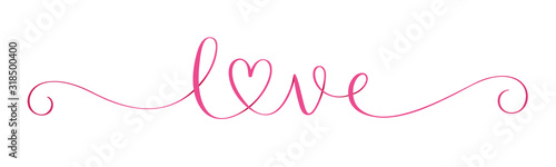 Wide pink vector LOVE brush calligraphy banner with heart