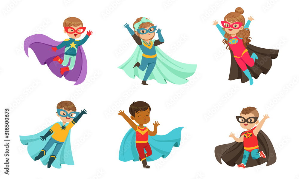 Adorable Kid Superheroes Collection, Cute Little Boys and Girls Wearing Colorful Comics Costumes and Masks, Birthday Party, Festival Design Element Vector Illustration