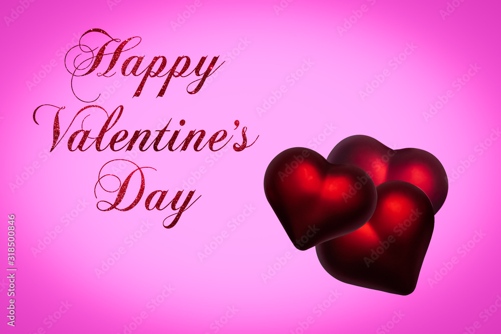 Happy Valentines Day. 14 February. Red hearts on pink background. Love Romantic concept. Greeting card. Celebration. 