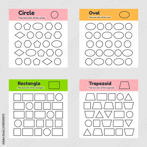 Educational worksheet for kids kindergarten, preschool and school age. Geometric shapes. Find and color.