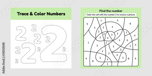Coloring book number for kids. Worksheet for preschool, kindergarten and school age. Trace line. Write and color a two.
