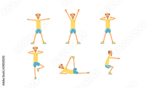 Cheerful Mature Man Doing Morning Exercises Collection, Aged Person Doing Sports, People Engaged in Sports Vector Illustration