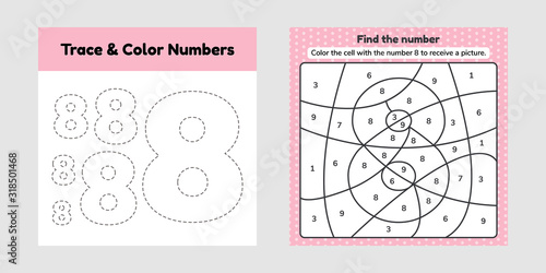 Coloring book number for kids. Worksheet for preschool, kindergarten and school age. Trace line. Write and color a eight.