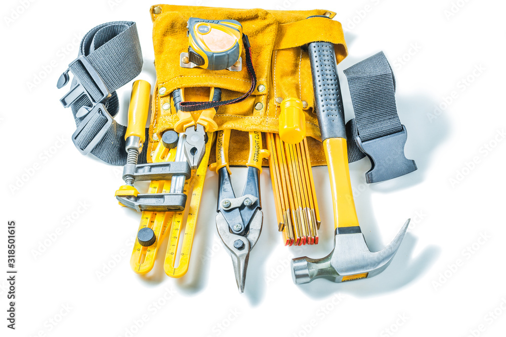leather toolbelt with construction tools isolated on white background leather toolbelt with construction tools isolated on white background