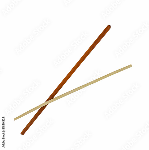 Wrong pair of wooden chopsticks isolated on white background with selective focus