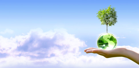 Card for World Earth Day. Planting trees, Ozone Day concept. Saving environment, save and protect green planet and ecology. Earth crystal globe and growing tree in human hand on cloudy sky background.