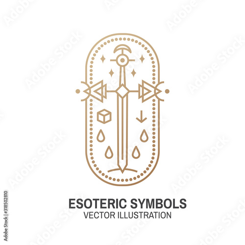 Esoteric symbols. Vector. Thin line geometric badge. Outline icon for alchemy or sacred geometry. Mystic and magic design with Old sword.