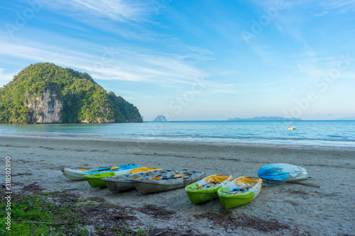 Light blue sky and islands in the background at Hat Chao Mai National Park, Trang, Thailand.