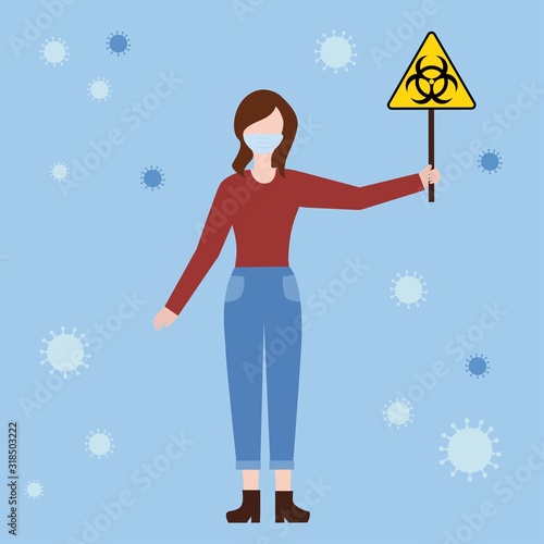 Coronavirus biohazard. Woman holding biohazard sign. Wuhan virus epidemic. Vector illustration.
