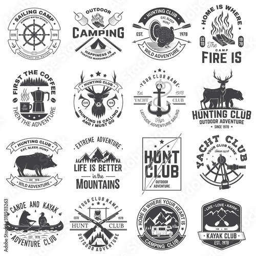 Summer camp, hunting club, sailing camp, yacht club, canoe and kayak club badges. Vector. Concept for shirt or logo, print, patch. Design with camper, kayaker, hunter, sailing camp silhouette