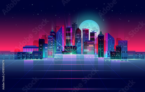 Night city panorama with moon and neon glow. Vector illustration.