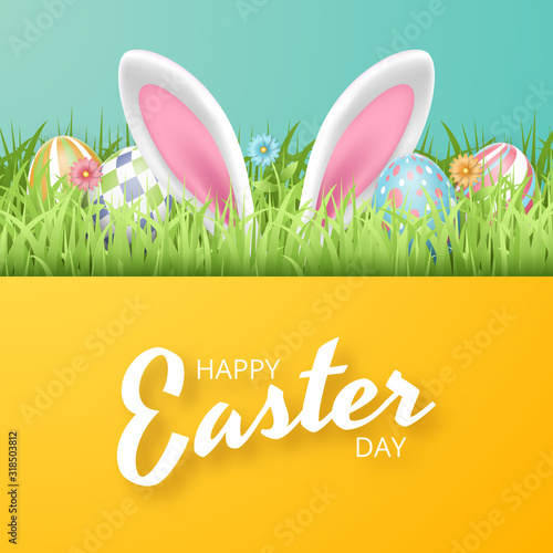 Happy Easter background with realistic painted eggs, grass, flowers and rabbit ears. Vector illustration