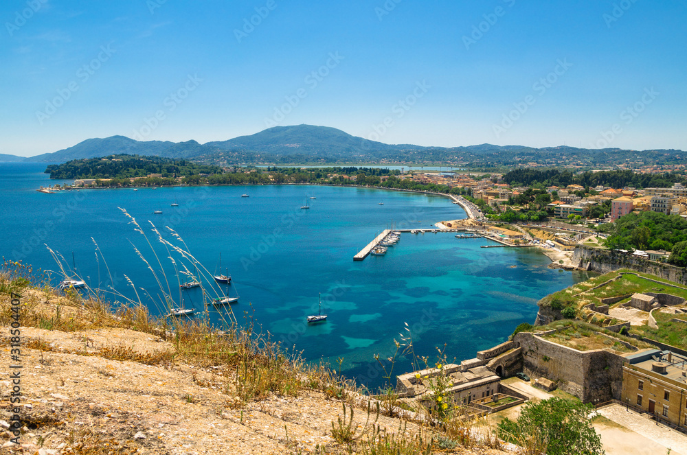 The Garitsa Bay. View from The Old Fortress of Corfu, Kerkyra (Corfu Town), the capital of Corfu island, Greece.