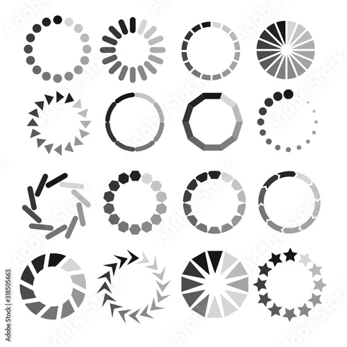 Circle loader. Wait load spinning circle preloader website template interface buffering waiting gif upload download, uploading indicator vector icons