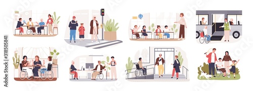 Billede på lærred Set of disabled cartoon people care at public place vector flat illustration
