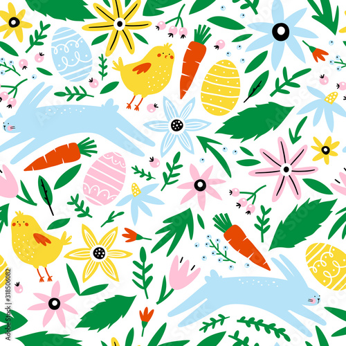 Happy Easter seamless pattern with flowers, eggs, rabbit, bird.