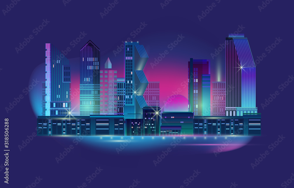Night city panorama with neon glow on blue background. Vector.