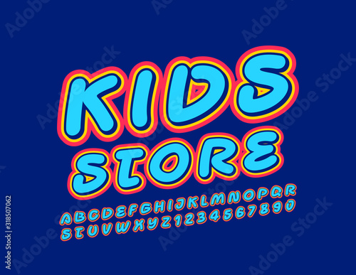 Vector bright logo Kids Store. Colorful funny Font. Creative Alphabet Letters and Numbers.