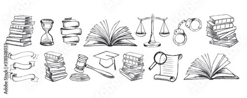 Law symbols set. Scales vector hand drawn.	