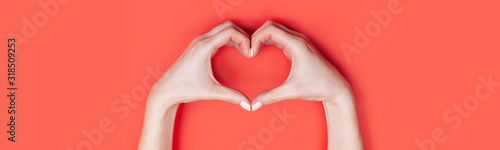 Female hands show a heart symbol on a red background. Place for text, copy space, banner format photo