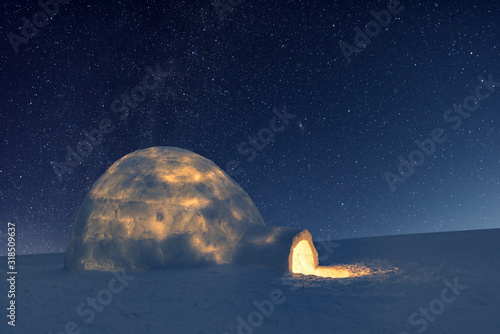 Foto Wintry scene with snowy igloo and milky way in night sky