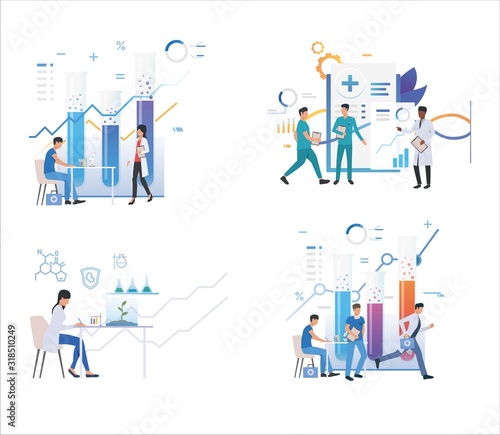 Set of chemists analyzing material in test tubes. Flat vector illustrations of doctors writing medical report. Biology, laboratory analyses concept for banner, website design or landing web page