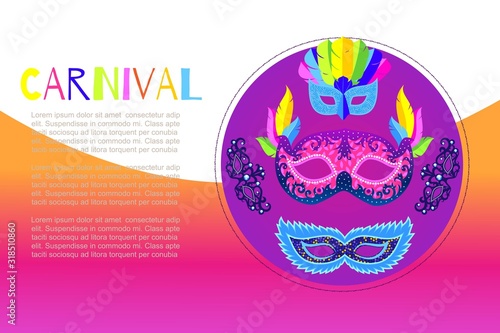Carnival mask for masquerade web banner vector illustration. Carnival glittering masks design shop for night party background. Accessories for dance or musical party, carnival invitation.