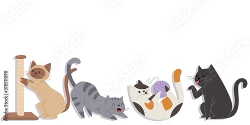 Cute cats of different breeds in various poses vector illustration. Cartoon kitten licking itself , sharpen claws and playing with woolen ball. Kitty and cats on white background for pet shop.