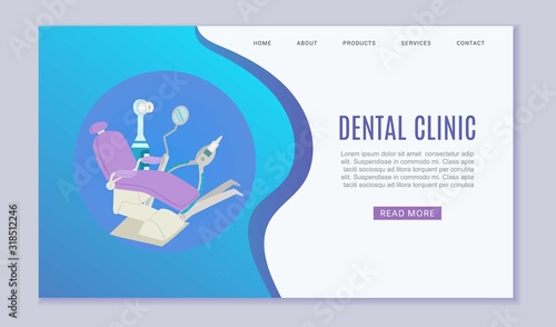 Dental clinic web vector template illustration. Dental chair and dentist doctor instruments for medical care stomatology clinics website. Dental clinic and stomatologist web page.