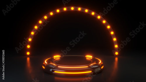 Принти на полотні Stage For Product Showcase With Orange Neon Light On A Black Background - 3D Ill