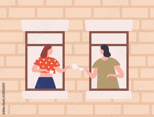 Two female neighbors drinking tea together vector flat illustration. Cartoon woman gossiping through window inside home. Exterior of building, friendship and neighborhood concept