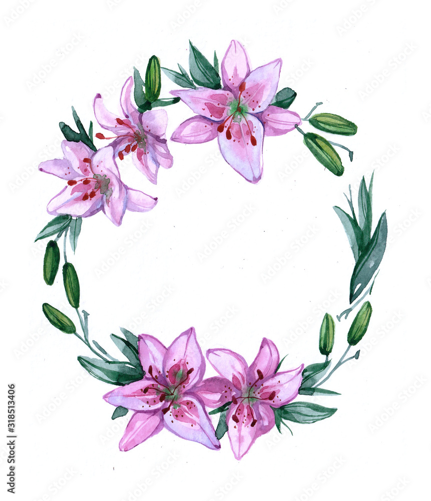 Watercolor lily wreath on white background 
