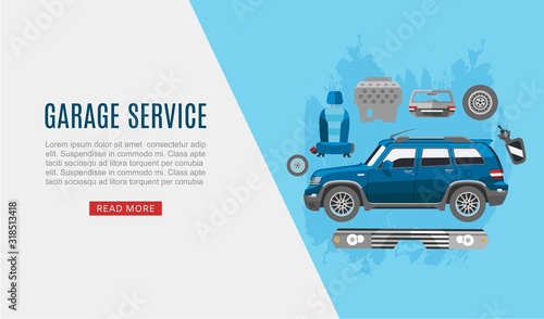Garage auto service and car spares top view web vector template illustration. Auto diagnostics test service, protection insurance shop. Repair help. Garage auto cars service.