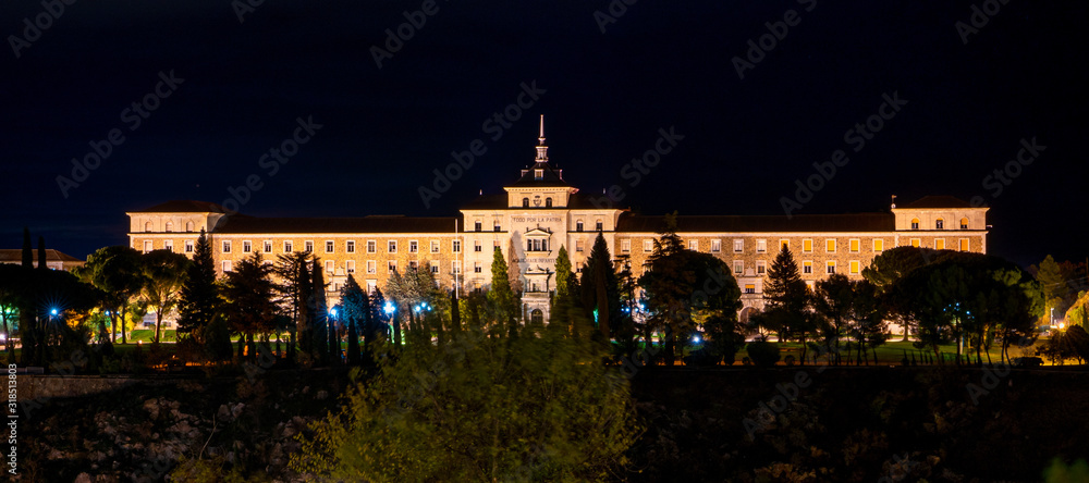 Academia de Infanteria, a military institution in Toledo, Spain at night