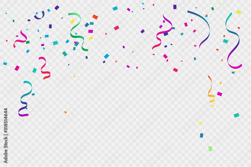 Many Falling Colorful Tiny Confetti And Ribbon On Transparent Background. Celebration Event and Party. Multicolored. Vector Many Falling Colorful Tiny Confetti And Ribbon On Transparent Background. Celebration Event and Party. Multicolored. Vector
