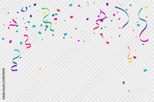 Many Falling Colorful Tiny Confetti And Ribbon On Transparent Background. Celebration Event and Party. Multicolored. Vector