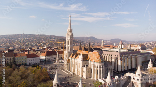 Budapest, Hungary - aerial shot from drone on St. Matthias Church. One of the main temple in Hungary.