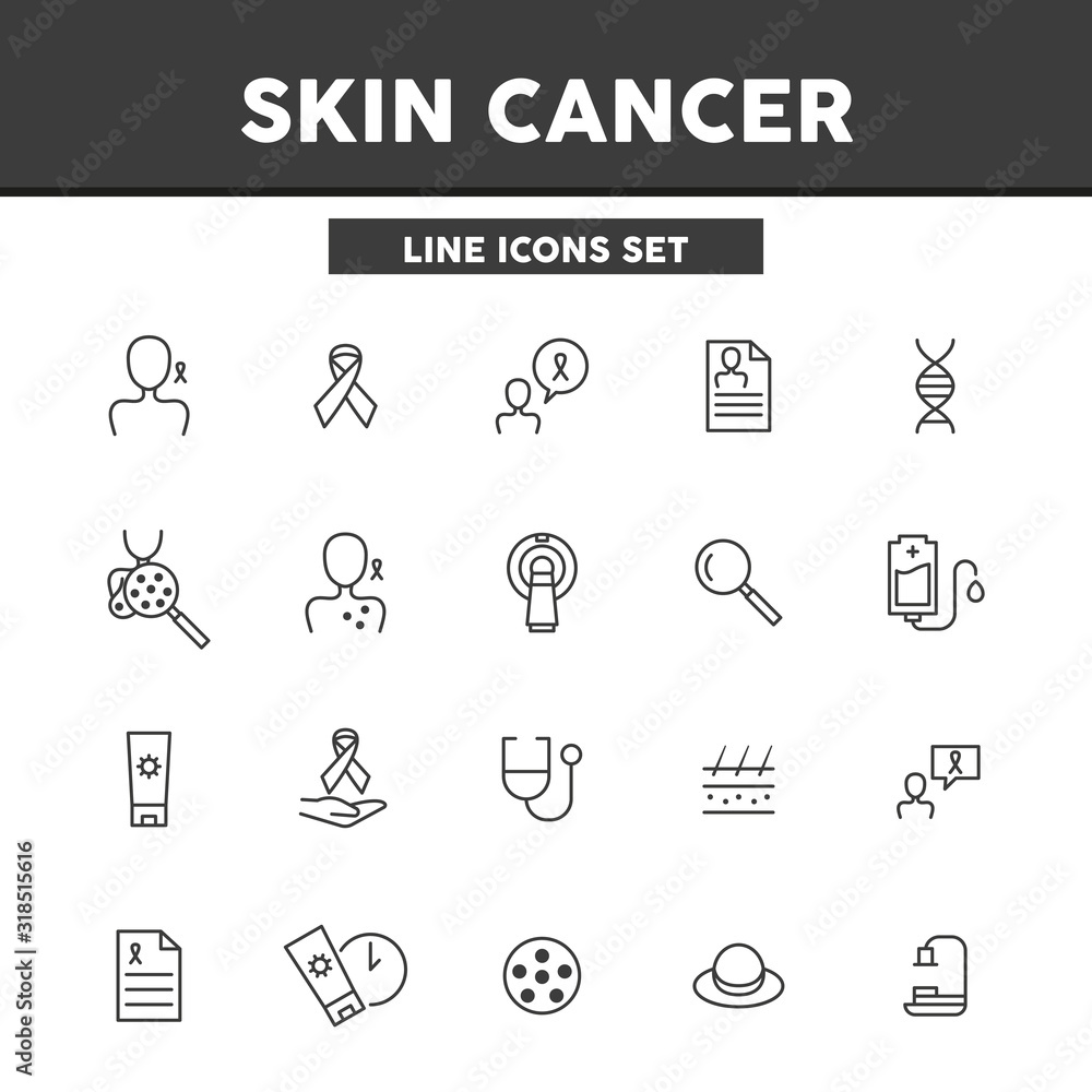 Skin cancer, simple set line icons. Cancer treatment, operation. Vector illustration symbol elements for web design.