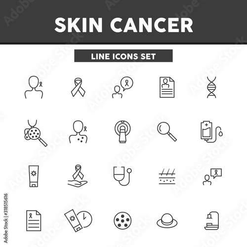 Skin cancer, simple set line icons. Cancer treatment, operation. Vector illustration symbol elements for web design.