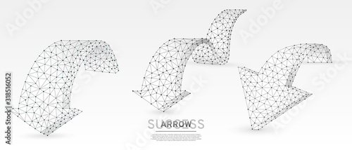 Arrows down, set of challenge signs. Downtrend, destination, goal, business partnership concept on white origami background. Low poly, abstract, polygonal, wireframe 3d vector illustration