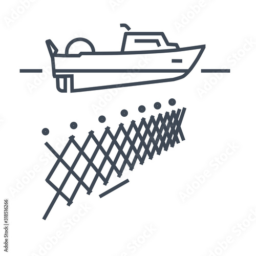 Thin line icon fishing boat, fishnet