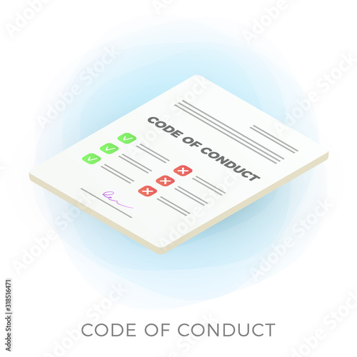 Code of Conduct isometric vector icon. Document with concept of ethical, values, rules, principles, and employee expectations. Flat vector illustration isolated on white background.