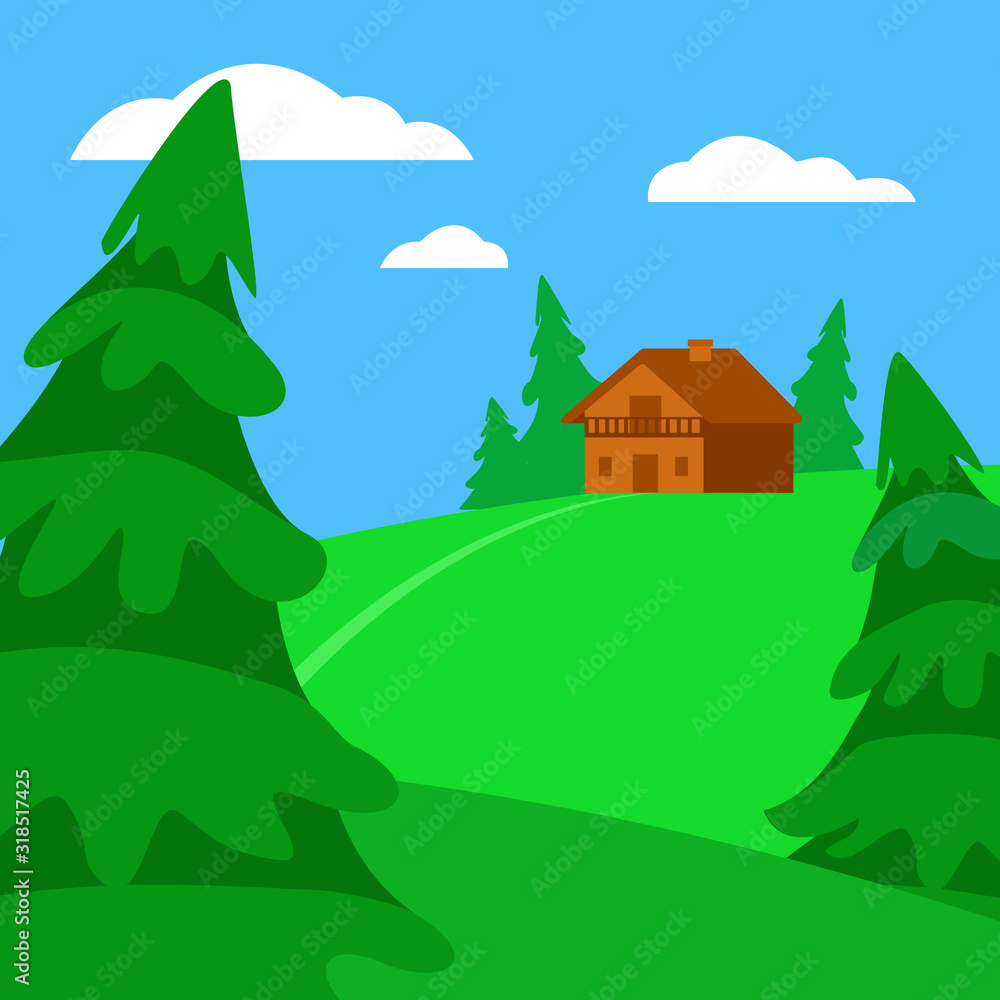 House on hill among fir trees. Summer nature, landscape. Field, green hills, blue sky with clouds, meadow. Vector illustration House on hill among fir trees. Summer nature, landscape. Field, green hills, blue sky with clouds, meadow. Vector illustration