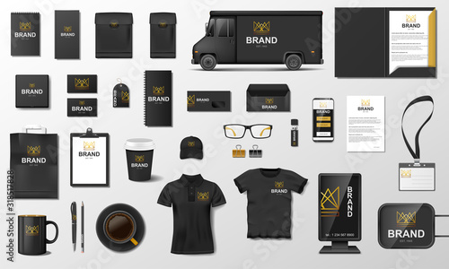 Corporate Branding identity template design. Modern Stationery mockup black and gold color. Business style stationery and documentation. Vector illustration photo