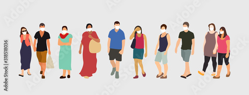People wearing virus protection masks. Coronavirus prevention vector illustration.