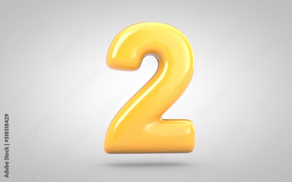 Yellow Bubble Gum number 2 isolated on white background. 3D rendered illustration. Best for anniversary, birthday party, new year celebration. Yellow Bubble Gum number 2 isolated on white background. 3D rendered illustration. Best for anniversary, birthday party, new year celebration.