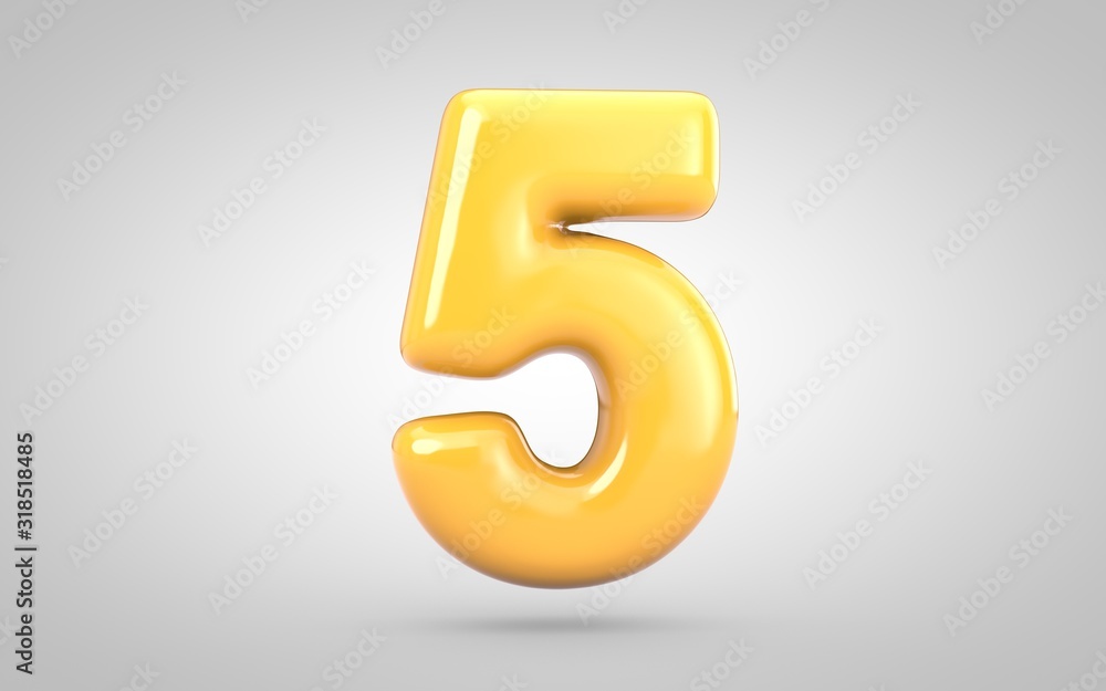 Yellow Bubble Gum number 5 isolated on white background. 3D rendered illustration. Best for anniversary, birthday party, new year celebration. Yellow Bubble Gum number 5 isolated on white background. 3D rendered illustration. Best for anniversary, birthday party, new year celebration.