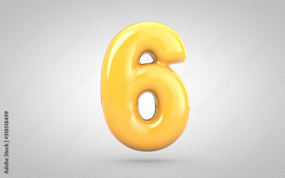 Yellow Bubble Gum number 6 isolated on white background. 3D rendered illustration. Best for anniversary, birthday party, new year celebration. Yellow Bubble Gum number 6 isolated on white background. 3D rendered illustration. Best for anniversary, birthday party, new year celebration.