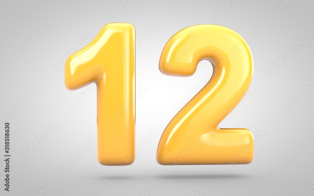 Yellow Bubble Gum number 12 isolated on white background. 3D rendered illustration. Best for anniversary, birthday party, new year celebration. Yellow Bubble Gum number 12 isolated on white background. 3D rendered illustration. Best for anniversary, birthday party, new year celebration.