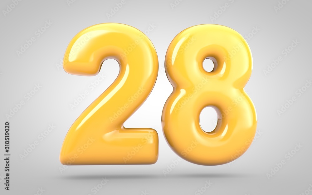 Yellow Bubble Gum number 28 isolated on white background. 3D rendered illustration. Best for anniversary, birthday party, new year celebration. Yellow Bubble Gum number 28 isolated on white background. 3D rendered illustration. Best for anniversary, birthday party, new year celebration.